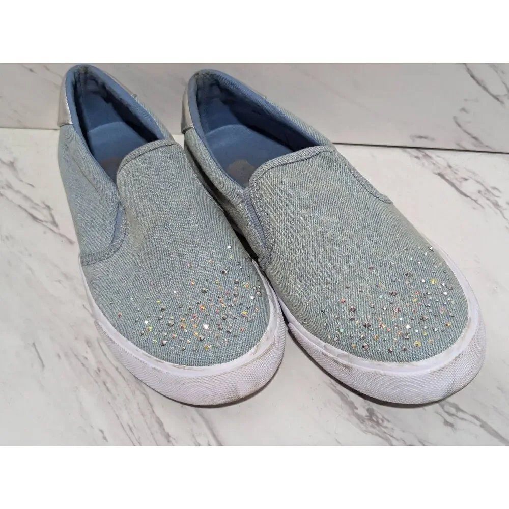 Nine West Women's Blue Denim Slip-On Sparkle Embellished Toe Sneakers Size 8